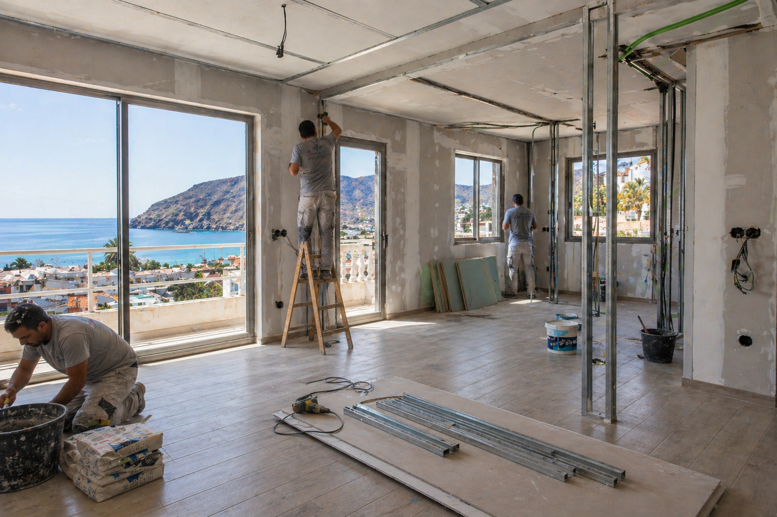 Interior de vivienda en proceso de reforma con trabajos de tabiquería y acabados