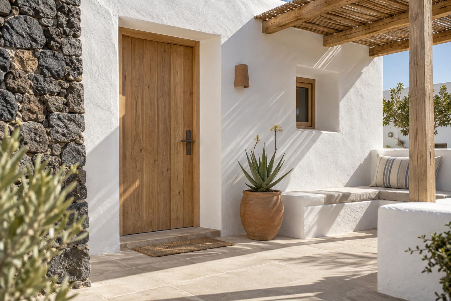 Inspiración de entrada canaria con piedra volcánica, paredes blancas y carpintería de madera