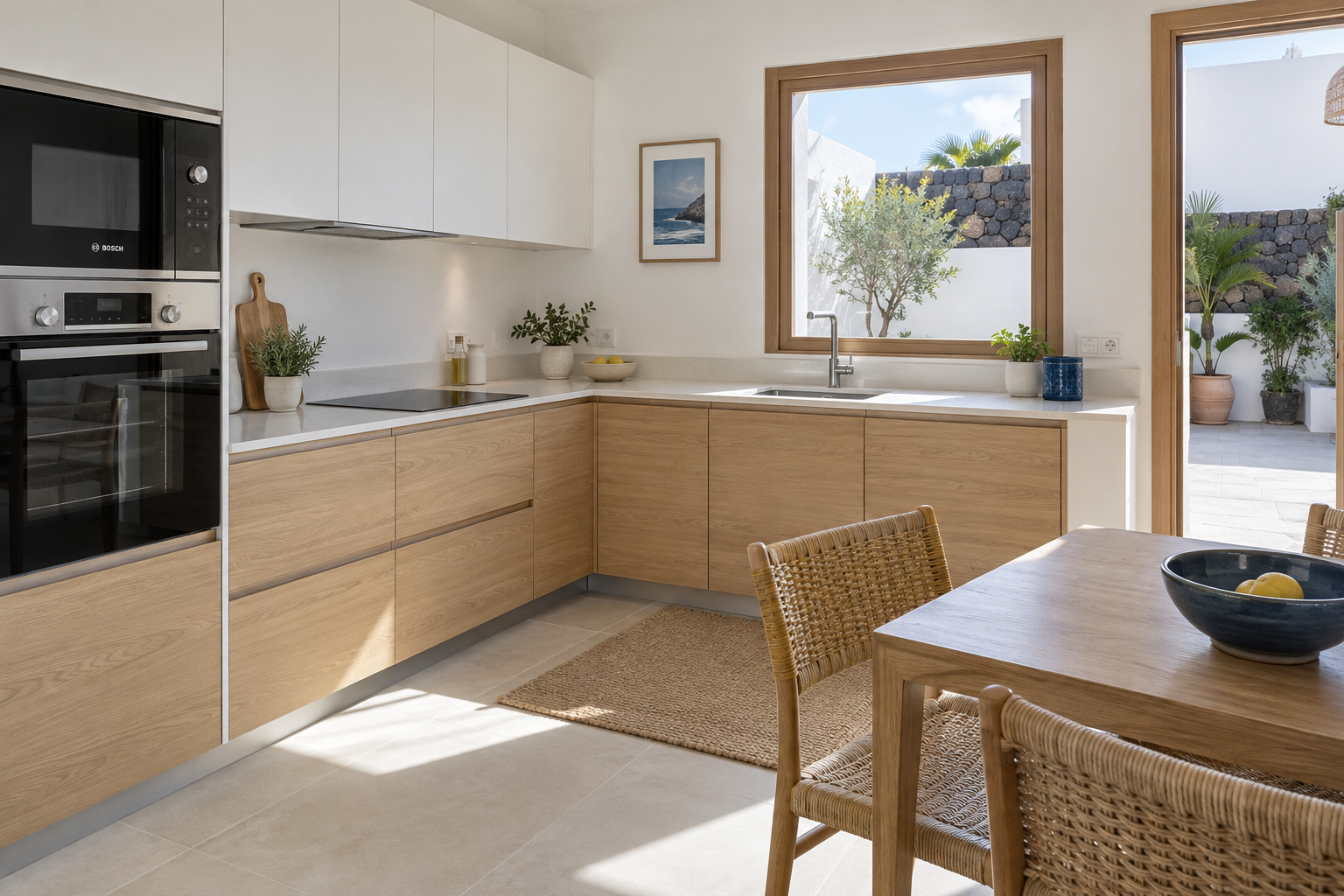 Propuesta de cocina con muebles blancos y de madera abierta a un patio canario