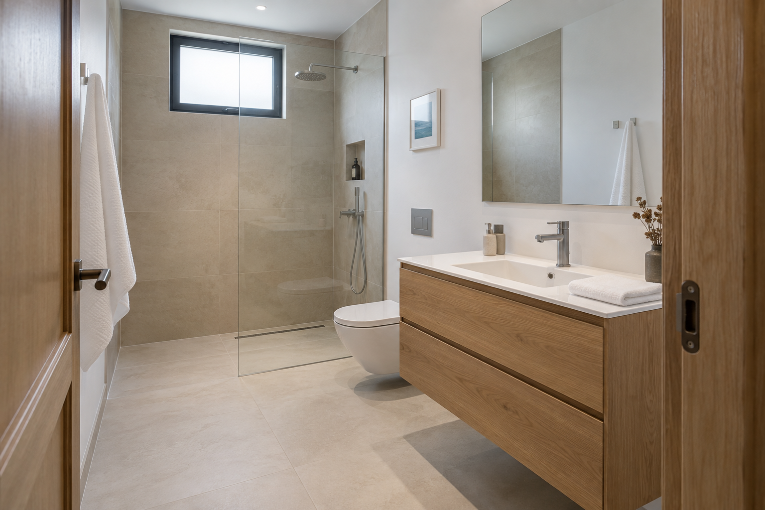Propuesta de baño con ducha a ras de suelo y mueble de madera